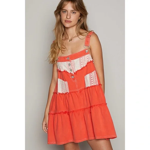 POL Coral Red Denim & Crochet Patch Tiered Skirtall Mini Dress - Picture 7 of 8